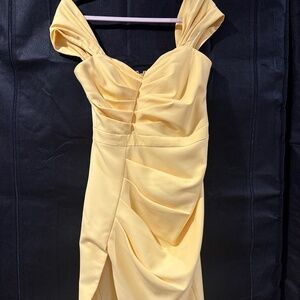 Lavish Alice Pleated Bardot Midi Dress in Lemon Yellow